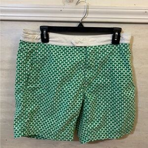 J.Crew Men's Swim Trunks in a green and white geometric print.